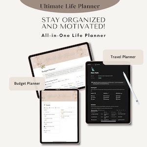 Pode incluir: Um aplicativo de planejamento digital na tela de um tablet com o t&iacute;tulo "Ultimate Life Planner" e o texto "Mantenha-se organizado e motivado! Planejador de vida tudo em um". O aplicativo possui se&ccedil;&otilde;es para or&ccedil;amento, metas e planejamento de viagens.