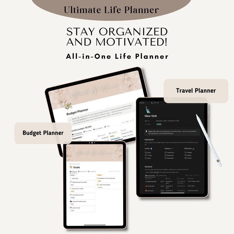 Pode incluir: Um aplicativo de planejamento digital na tela de um tablet com o t&iacute;tulo "Ultimate Life Planner" e o texto "Mantenha-se organizado e motivado! Planejador de vida tudo em um". O aplicativo possui se&ccedil;&otilde;es para or&ccedil;amento, metas e planejamento de viagens.
