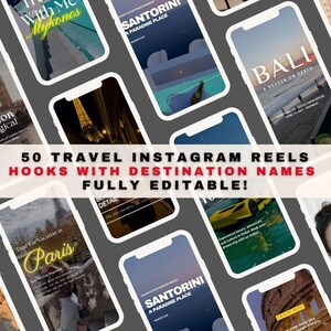 May include: A collage of images featuring various travel destinations, including Mykonos, Santorini, Paris, Bali, and Dubai. The text "50 Travel Instagram Reels Hooks with Destination Names Fully Editable!" is displayed in bold red letters.