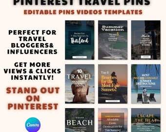 50 Travel Pinterest Pin Templates: Canva Editable PLR MRR
