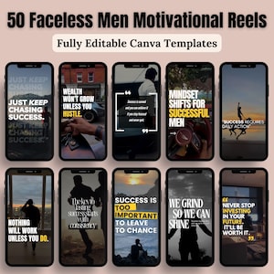 May include: A set of 10 motivational reel templates for social media. The templates feature quotes about success, hustle, and mindset. The templates are fully editable in Canva.