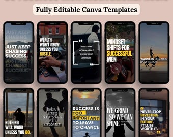 May include: A set of 10 motivational reel templates for social media. The templates feature quotes about success, hustle, and mindset. The templates are fully editable in Canva.