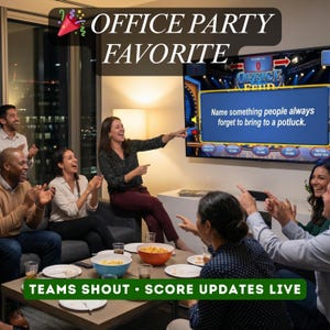 K&ouml;nnte beinhalten: Eine Gruppe von Leuten spielt ein Spiel vor dem Fernseher. Der Bildschirm zeigt "OFFICE FEUD" mit einer Frage zu Potlucks. Das Bild enth&auml;lt den Text "OFFICE PARTY FAVORITE" und "TEAMS SHOUT &bull; SCORE UPDATES LIVE".