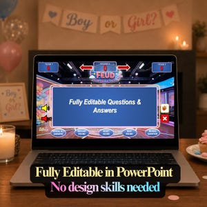 K&ouml;nnte beinhalten: Ein Laptop zeigt ein Spiel mit dem Text "FEUD Gender Reveal Edition". Der Bildschirm zeigt "Vollst&auml;ndig bearbeitbare Fragen & Antworten". Der Text "Vollst&auml;ndig bearbeitbar in PowerPoint" und "Keine Designkenntnisse erforderlich" ist unten.
