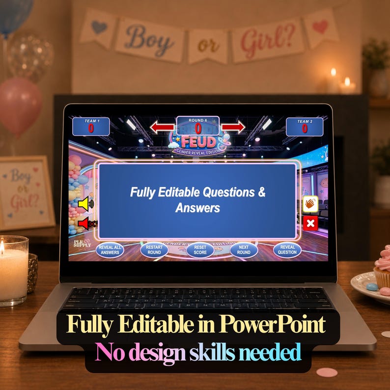 K&ouml;nnte beinhalten: Ein Laptop zeigt ein Spiel mit dem Text "FEUD Gender Reveal Edition". Der Bildschirm zeigt "Vollst&auml;ndig bearbeitbare Fragen & Antworten". Der Text "Vollst&auml;ndig bearbeitbar in PowerPoint" und "Keine Designkenntnisse erforderlich" ist unten.