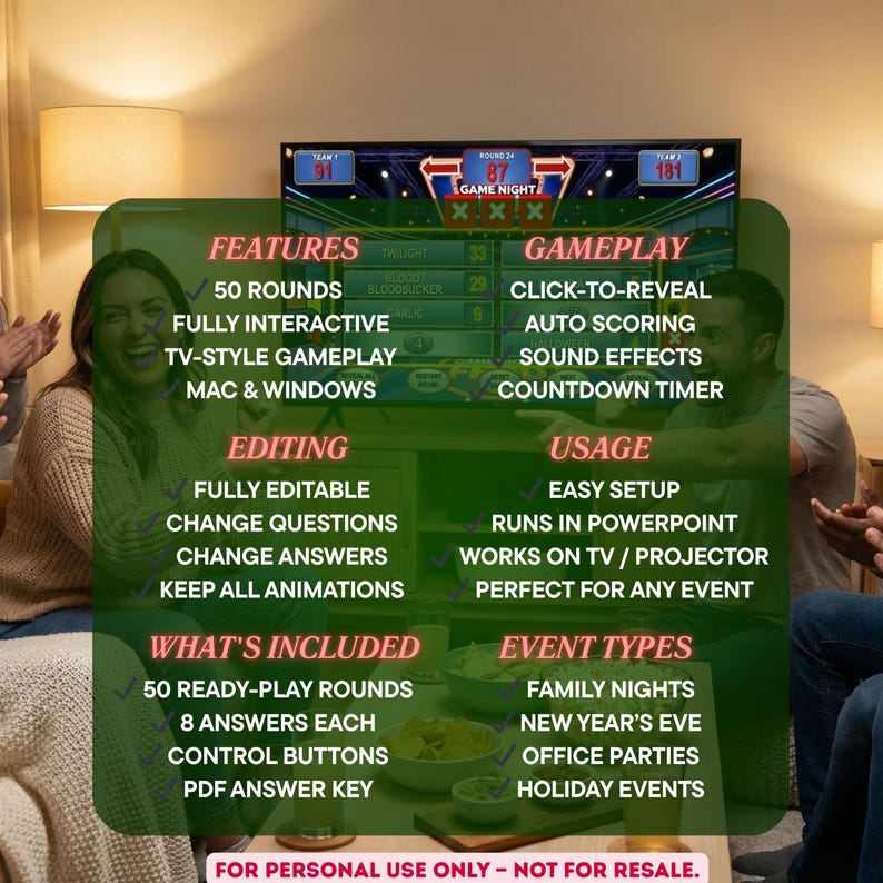 May include: A digital game night presentation displayed on a TV screen. The presentation includes features, gameplay, editing, usage, what's included, and event types. Text on the screen includes "50 Rounds," "Click-to-reveal," and "Family Nights."