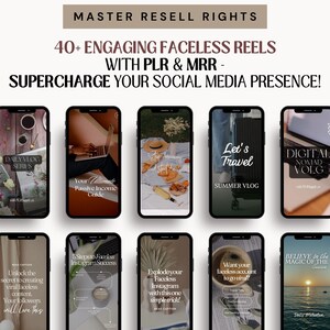 Pode incluir: Uma colagem de dez maquetes de telas de telefone mostrando v&aacute;rias ideias de rolos de m&iacute;dia social para criar conte&uacute;do sem rosto envolvente. Os rolos incluem t&oacute;picos como vlogs di&aacute;rios, renda passiva, viagens e vida n&ocirc;made digital. O texto "40+ Rolos sem rosto envolventes com PLR & MRR - Supercarregue sua presen&ccedil;a nas m&iacute;dias sociais!" &eacute; exibido no topo.