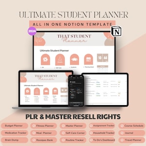 May include: A digital mockup of a Notion template for student planning. The template is called "Ultimate Student Planner" and is designed to help students organise their lives. The template includes sections for life, self-care, academics, planning ahead, assignments, to-do lists, and more. The template is available for purchase with PLR and Master Resell Rights.