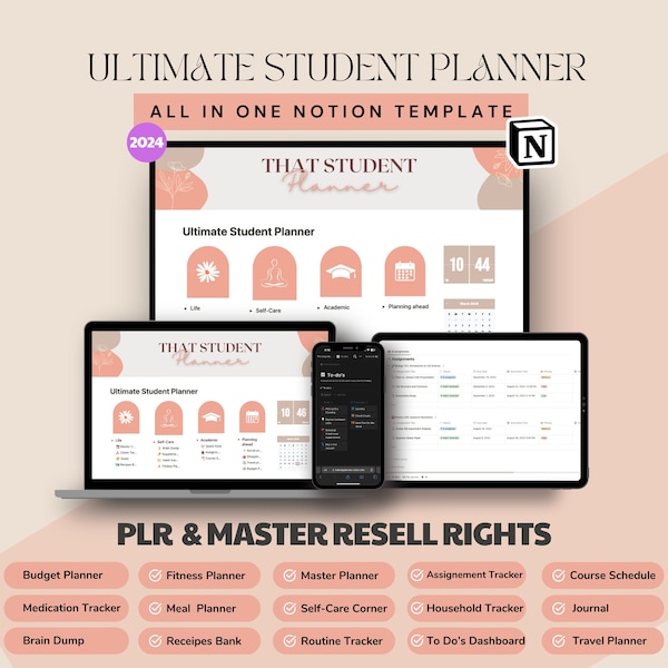 PLR Notion Student Planner Master Resell Rights MRR Notion Life Planner Etsy Sellers PLR Digital Products to Sell on Etsy Notion Template