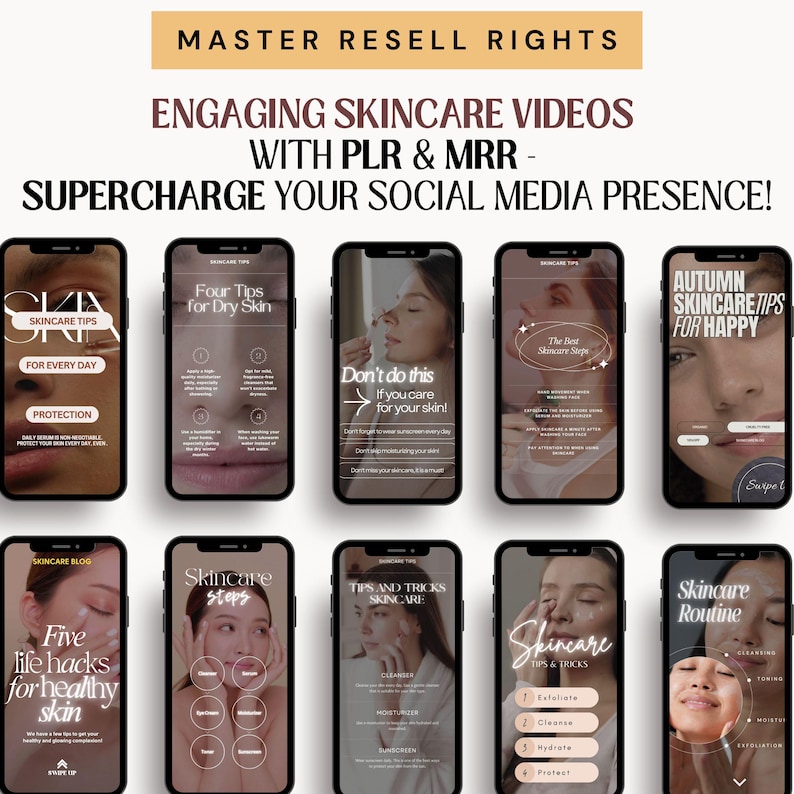 May include: A collage of nine smartphone screens displaying various skincare tips and routines. The screens feature images of women's faces and text such as "Skincare Tips for Every Day", "Four Tips for Dry Skin", "Don't do this if you care for your skin!" and "Autumn Skincare Tips for Happy".