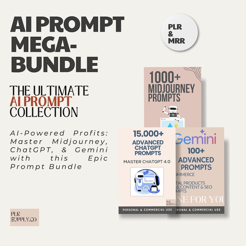 Pode incluir: Um pacote de produtos digitais rosa e branco com o texto "AI Prompt Mega-Bundle: The Ultimate AI Prompt Collection". O pacote inclui mais de 1.000 prompts do Midjourney, mais de 15.000 prompts avan&ccedil;ados do ChatGPT e mais de 100 prompts avan&ccedil;ados do Gemini.