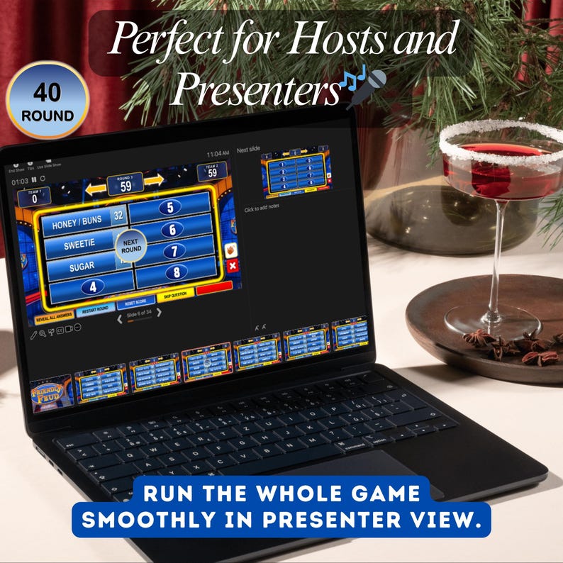 May include: A black laptop displaying a game interface with multiple choice answers. The screen shows the text "HONEY / BUNS", "SWEETIE", and "SUGAR". A cocktail with a sugared rim sits next to the laptop. The text "RUN THE WHOLE GAME SMOOTHLY IN PRESENTER VIEW" is at the bottom.