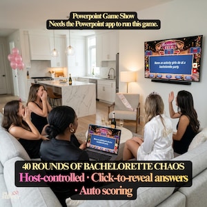 Op de afbeelding: Een digitale PowerPoint-spelshow genaamd Bachelorette Feud, weergegeven op een televisiescherm en een laptop. Het spel bevat een vraag over feestactiviteiten, door de host aan te sturen antwoorden en een automatische puntentelling.