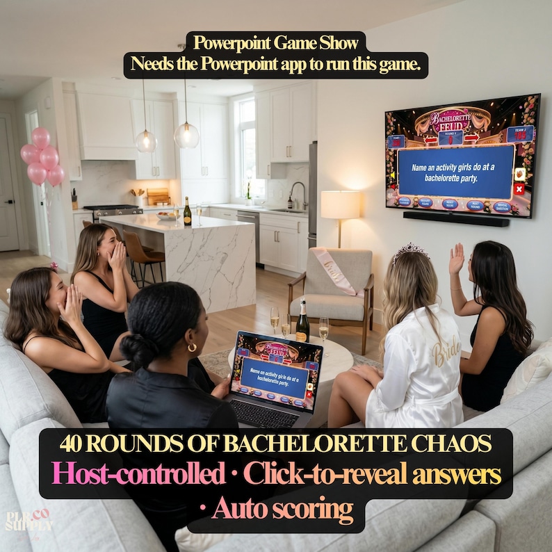 Op de afbeelding: Een digitale PowerPoint-spelshow genaamd Bachelorette Feud, weergegeven op een televisiescherm en een laptop. Het spel bevat een vraag over feestactiviteiten, door de host aan te sturen antwoorden en een automatische puntentelling.