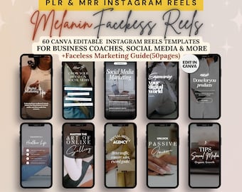 Könnte beinhalten: Eine Sammlung von 60 Instagram-Reel-Vorlagen für Business-Coaches und Social-Media-Profis. Die Vorlagen sind für die Bearbeitung in Canva konzipiert und bieten eine Vielzahl von Themen, darunter Social-Media-Marketing, digitales Marketing und passives Einkommen. Der Text "Melanin Facebess Reels" wird oben im Bild in großer, fetter Schrift angezeigt.