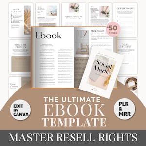 May include: A digital product mockup featuring a white ebook template with the text "The Ultimate Ebook Template" and "Master Resell Rights". The ebook template is surrounded by images of a table of contents, a welcome page, a wellness ritual page, a questionnaire, a fillable checklist, and a social media branding page. The mockup is designed to be used for marketing and selling digital products.