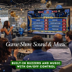K&ouml;nnte beinhalten: Ein gro&szlig;er Bildschirm zeigt eine Spielshow mit dem Titel "OFFICE FEUD" und Anzeigetafeln. Das Bild enth&auml;lt den Text "Game Show Sound & Music" und "BUILT-IN BUZZERS AND MUSIC WITH ON/OFF CONTROL". Menschen versammeln sich, mit Luftballons im Hintergrund.