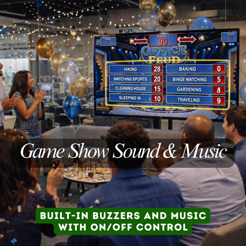 K&ouml;nnte beinhalten: Ein gro&szlig;er Bildschirm zeigt eine Spielshow mit dem Titel "OFFICE FEUD" und Anzeigetafeln. Das Bild enth&auml;lt den Text "Game Show Sound & Music" und "BUILT-IN BUZZERS AND MUSIC WITH ON/OFF CONTROL". Menschen versammeln sich, mit Luftballons im Hintergrund.