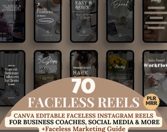 May include: A digital product mockup featuring 70 Canva editable faceless Instagram reels for business coaches, social media, and more. The image includes a variety of reel templates with text overlays, such as "3 Ways to Build a Thriving Community", "5 Reels Features to Boost Engagement", "Easy & Quick Ways to Grow Your Instagram", "Free Ebook", "Social Media Strategy", "How to Convert Delicious Followers to Clients", "3 Steps to Master Instagram Hashtags", "Productivity Hack", "Monday", and "Sales Funnel Workflow". The image also includes a "PLR MRR" badge.