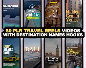 May include: A promotional image showcasing eight smartphone screens, each displaying travel-themed content. The screens feature destinations like Santorini, Mykonos, Rome, Venice, Dubai, Bali, London, and Paris. Text includes "50 PLR Travel Reels Videos" and "PLR Instagram & TikTok Video Reels."