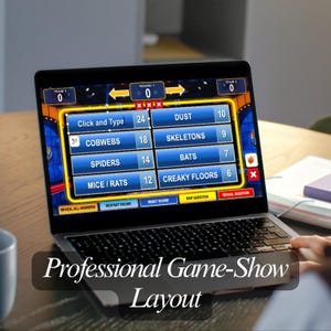 May include: A laptop displays a game show layout with blue and yellow accents. The screen shows categories like "Dust," "Cobwebs," and "Spiders," with corresponding point values. The text "Professional Game-Show Layout" is displayed at the bottom.