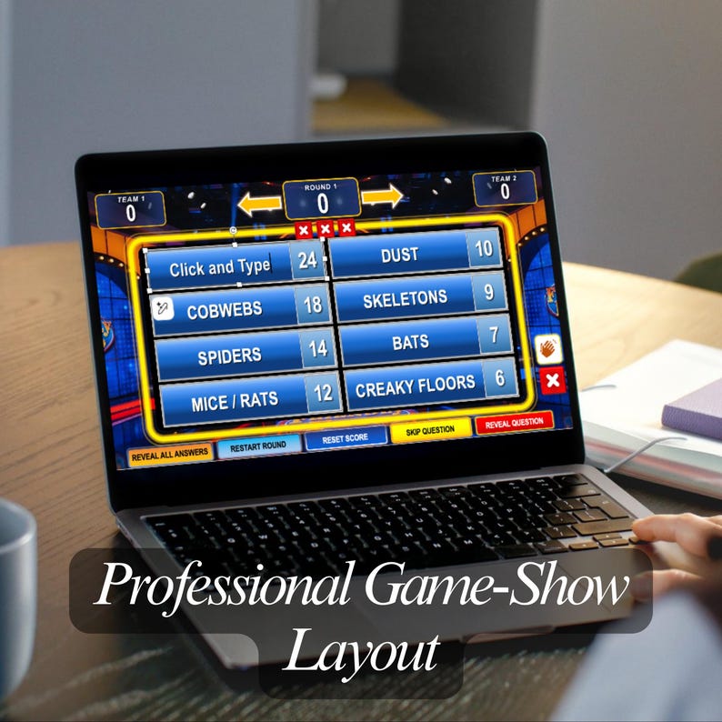 May include: A laptop displays a game show layout with blue and yellow accents. The screen shows categories like "Dust," "Cobwebs," and "Spiders," with corresponding point values. The text "Professional Game-Show Layout" is displayed at the bottom.