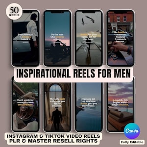 以下が含まれることがあります： スマートフォン画面に表示された男性向けのインスピレーションを与える10つの引用のモザイク。引用は、成功、モチベーション、そして自己成長に関するものです。モザイクのタイトルは「Inspirational Reels for Men」です。