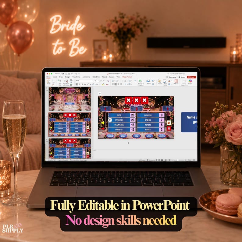 Op de afbeelding: Een laptopscherm met een Bachelorette Feud spelsjabloon in PowerPoint, inclusief een spelbord met vragen en scores, drie rode kruisjes en de tekstoverlay Fully Editable in PowerPoint No design skills needed.