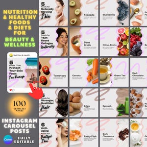 Voeding voor natuurlijke huidverzorging en schoonheid Instagram-carrouselsjablonen Voedingsdeskundige Gezondheidscoach Instagram-sjabloon Huidverzorging Wellnesscoach