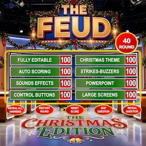 May include: A festive game show set with the title "THE FEUD" in gold letters. The Christmas Edition theme is displayed at the bottom. Features include "FULLY EDITABLE", "AUTO SCORING", "SOUNDS EFFECTS", and "CONTROL BUTTONS".