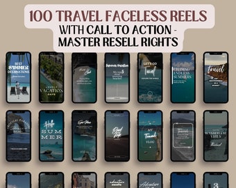 Op de afbeelding: Een collage van 100 Instagram Reels met een reisthema en tekstoverlays met een call to action. De Reels bevatten afbeeldingen van stranden, steden en landschappen. De tekst bevat zinnen als "Beste zomerdestinationen", "Eindeloze zomers najagen" en "Avontuur wacht".