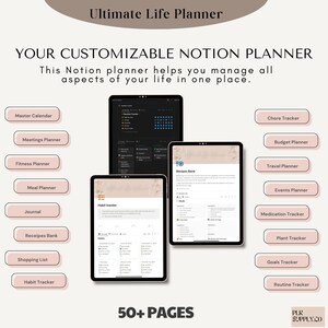 Pode incluir: Um planejador digital para Notion com mais de 50 p&aacute;ginas. O planejador inclui se&ccedil;&otilde;es para um calend&aacute;rio mestre, reuni&otilde;es, condicionamento f&iacute;sico, refei&ccedil;&otilde;es, di&aacute;rio, receitas, lista de compras, rastreamento de h&aacute;bitos, rastreamento de tarefas, or&ccedil;amento, viagens, eventos, medicamentos, plantas, objetivos e rotinas.