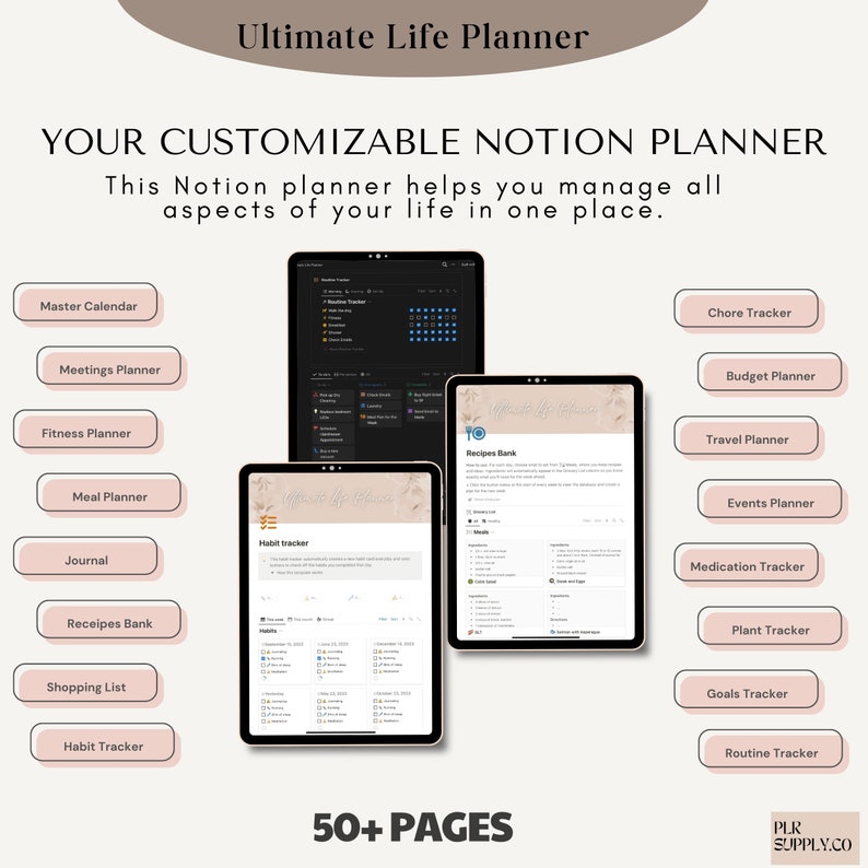 Pode incluir: Um planejador digital para Notion com mais de 50 p&aacute;ginas. O planejador inclui se&ccedil;&otilde;es para um calend&aacute;rio mestre, reuni&otilde;es, condicionamento f&iacute;sico, refei&ccedil;&otilde;es, di&aacute;rio, receitas, lista de compras, rastreamento de h&aacute;bitos, rastreamento de tarefas, or&ccedil;amento, viagens, eventos, medicamentos, plantas, objetivos e rotinas.
