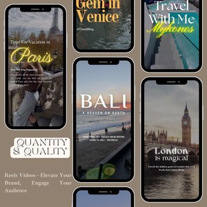 May include: A collage of images promoting travel destinations. The images feature a view of the Eiffel Tower in Paris, a beach scene in Bali, a pool in Mykonos, a view of the Big Ben clock tower in London, and a canal in Venice.