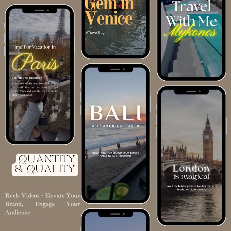 May include: A collage of images promoting travel destinations. The images feature a view of the Eiffel Tower in Paris, a beach scene in Bali, a pool in Mykonos, a view of the Big Ben clock tower in London, and a canal in Venice.