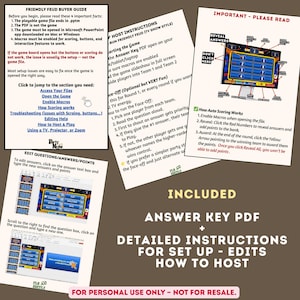 Op de afbeelding: Een digitale spelgids met vier witte pagina's met zwarte tekst en diagrammen. De pagina's bevatten Friendly Feud Buyer Guide, Host Instructions, Important Please Read en Edit Questions/Answers/Points, met details over de installatie van het spel.