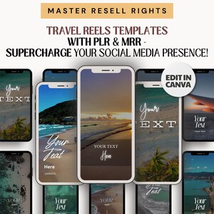 May include: A collection of nine phone screen mockups showcasing travel reel templates. The templates feature various beach scenes with text overlays that say "Your Text" and "Your Text Here". The text "Edit in Canva" is displayed in a circle on the top right corner of the image.