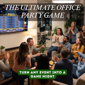 K&ouml;nnte beinhalten: Eine Gruppe von Leuten versammelt sich um einen Fernseher und spielt ein Spiel. Der Text auf dem Bildschirm lautet "Office Feud". Der Text oben im Bild lautet "The Ultimate Office Party Game". Der Text unten im Bild lautet "Turn Any Event Into A Game Night".