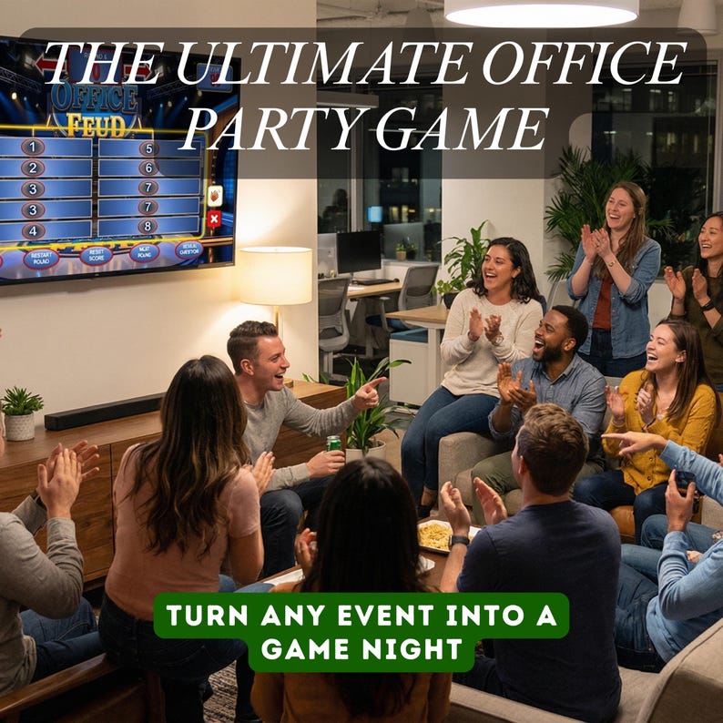 K&ouml;nnte beinhalten: Eine Gruppe von Leuten versammelt sich um einen Fernseher und spielt ein Spiel. Der Text auf dem Bildschirm lautet "Office Feud". Der Text oben im Bild lautet "The Ultimate Office Party Game". Der Text unten im Bild lautet "Turn Any Event Into A Game Night".