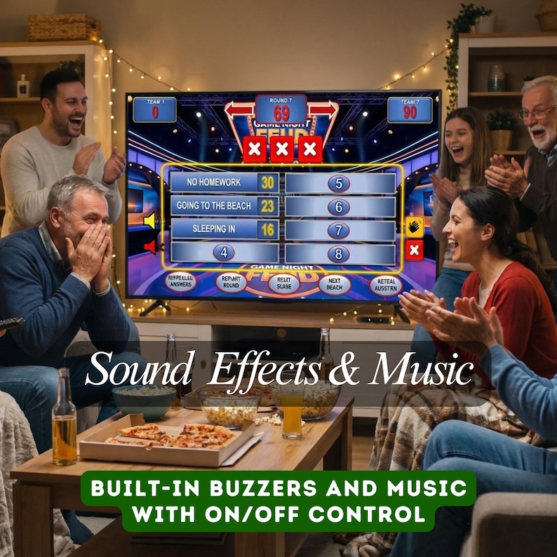 May include: A group of people are gathered around a television playing a game. The TV screen displays a game show with the text "GAME NIGHT FUN". The image also includes the text "Sound Effects & Music" and "BUILT-IN BUZZERS AND MUSIC WITH ON/OFF CONTROL".