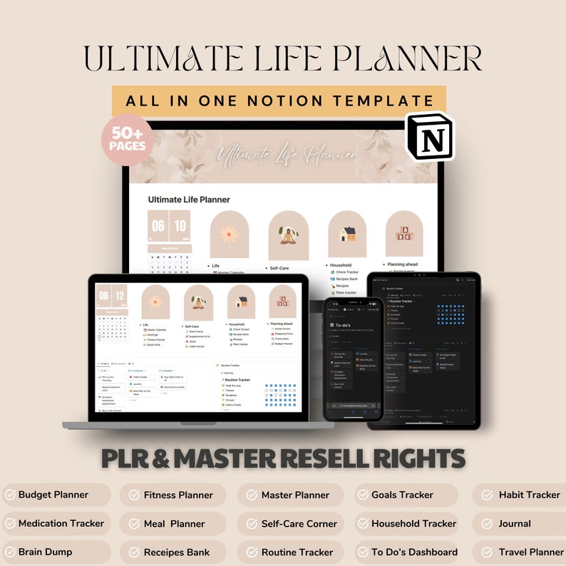 Pode incluir: Um ecr&atilde; de computador a mostrar um modelo Notion chamado "Ultimate Life Planner" com mais de 50 p&aacute;ginas. O modelo inclui sec&ccedil;&otilde;es para a vida, autocuidado, casa e planeamento para o futuro. O modelo foi concebido para ajudar os utilizadores a organizar as suas vidas e atingir os seus objetivos. A imagem tamb&eacute;m inclui uma lista de funcionalidades, como um planeador de or&ccedil;amento, um planeador de fitness, um planeador mestre, um rastreador de objetivos, um rastreador de h&aacute;bitos, um rastreador de medicamentos, um planeador de refei&ccedil;&otilde;es, um canto de autocuidado, um rastreador dom&eacute;stico, um di&aacute;rio, um despejo de c&eacute;rebro, um banco de receitas, um rastreador de rotinas, um painel de tarefas pendentes e um planeador de viagens.