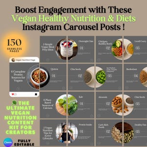 May include: A collage of 15 Instagram carousel posts with tips for vegan nutrition. The posts feature images of various vegan foods, including overnight oats, chickpea buddha bowls, lentil curry, quinoa, chia seeds, soy products, buckwheat, kale, almonds, and more. The text on the posts includes phrases like "The Ultimate Vegan Nutrition Content Kit for Creators", "5 Simple Vegan Meal Prep Ideas", "6 Complete Protein Sources for Vegans", and "5 Vegan Nutrition Tips for Active Lifestyles".