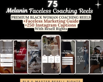 May include: A digital marketing product for coaches, featuring 75 faceless coaching reels, a marketing guide, and 250 Instagram captions. The product is marketed as "Melanin Faceless Coaching Reels" and includes resell rights.