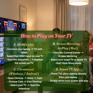 May include: A guide titled "How to Play on Your TV" with instructions for HDMI cable, screen mirroring, Chromecast, and Smart TV app. The image shows a TV screen with a game show and people in the background.