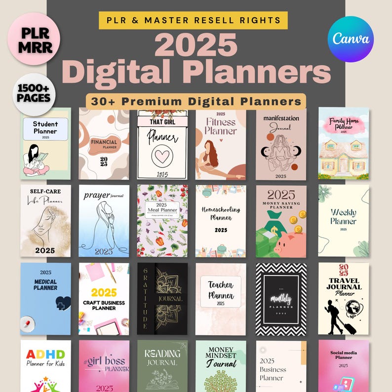 May include: A collage of 2025 digital planner covers with various themes, including student, financial, fitness, manifestation, family home, self-care, prayer, meal, homeschooling, money saving, weekly, medical, craft business, gratitude, teacher, monthly, travel, ADHD, girl boss, reading, money mindset, business, and social media. The covers feature colourful illustrations and text.