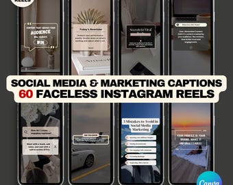 60 Faceless Digital Marketing Instagram Reels: MRR, Canva Editable