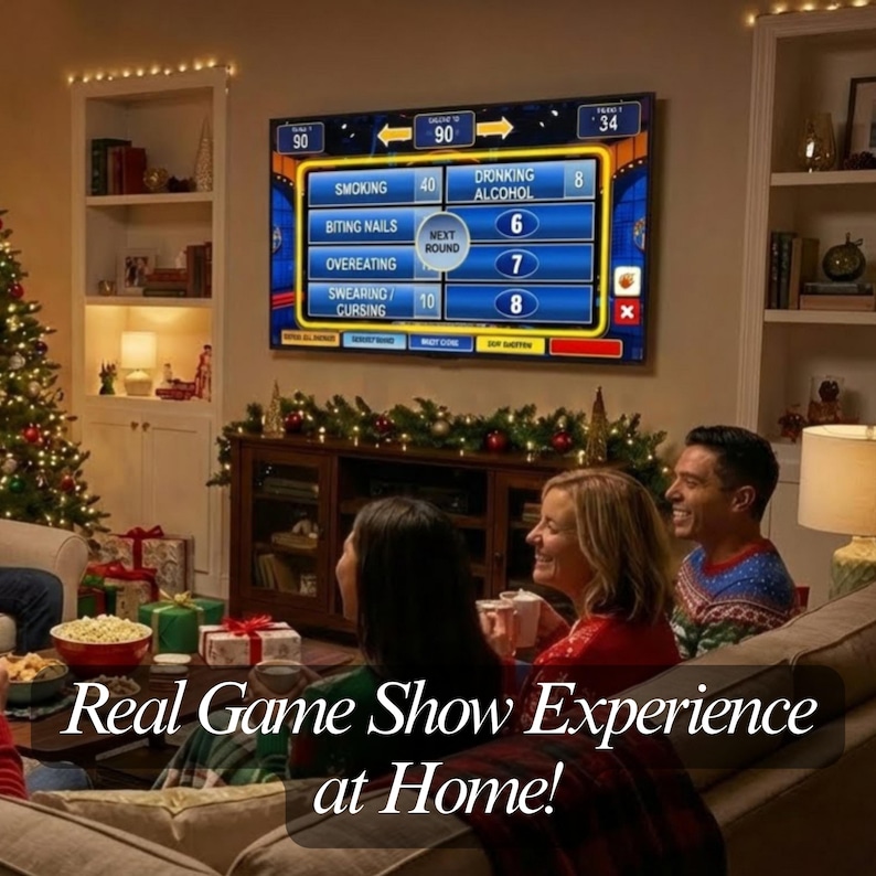 May include: A living room scene with a large screen displaying a game show. The screen shows categories like "Smoking" and "Drinking Alcohol." People are seated on a couch, enjoying the game. Text on the screen reads "Real Game Show Experience at Home!"