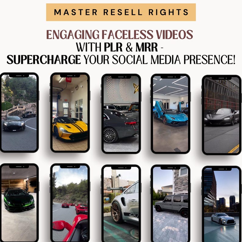 May include: A collage of 10 images showing different luxury cars in various settings. The images are displayed on smartphone screens, suggesting a social media marketing campaign.