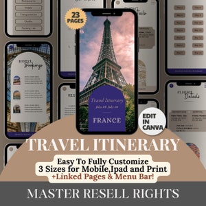 PLR Travel Itinerary Planner Canva Template Master Resell Rights MRR Travel Planner Template Diário de viagem pronto para você Produto digital PLR