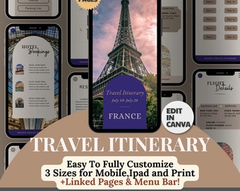 Editable Travel Itinerary Planner, Done For You Canva Template (PLR & MRR)